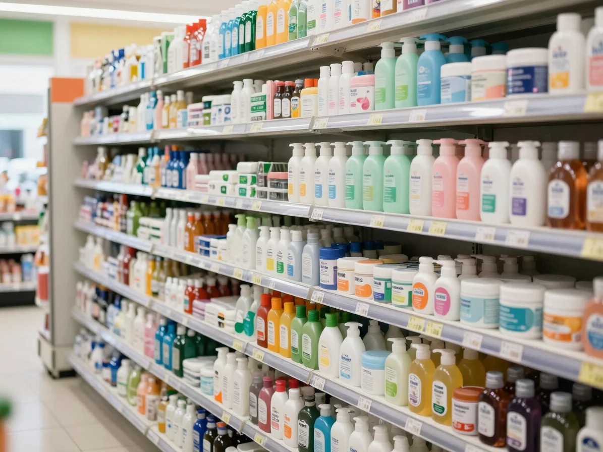Realistic personal care section of a convenience store, toiletrie