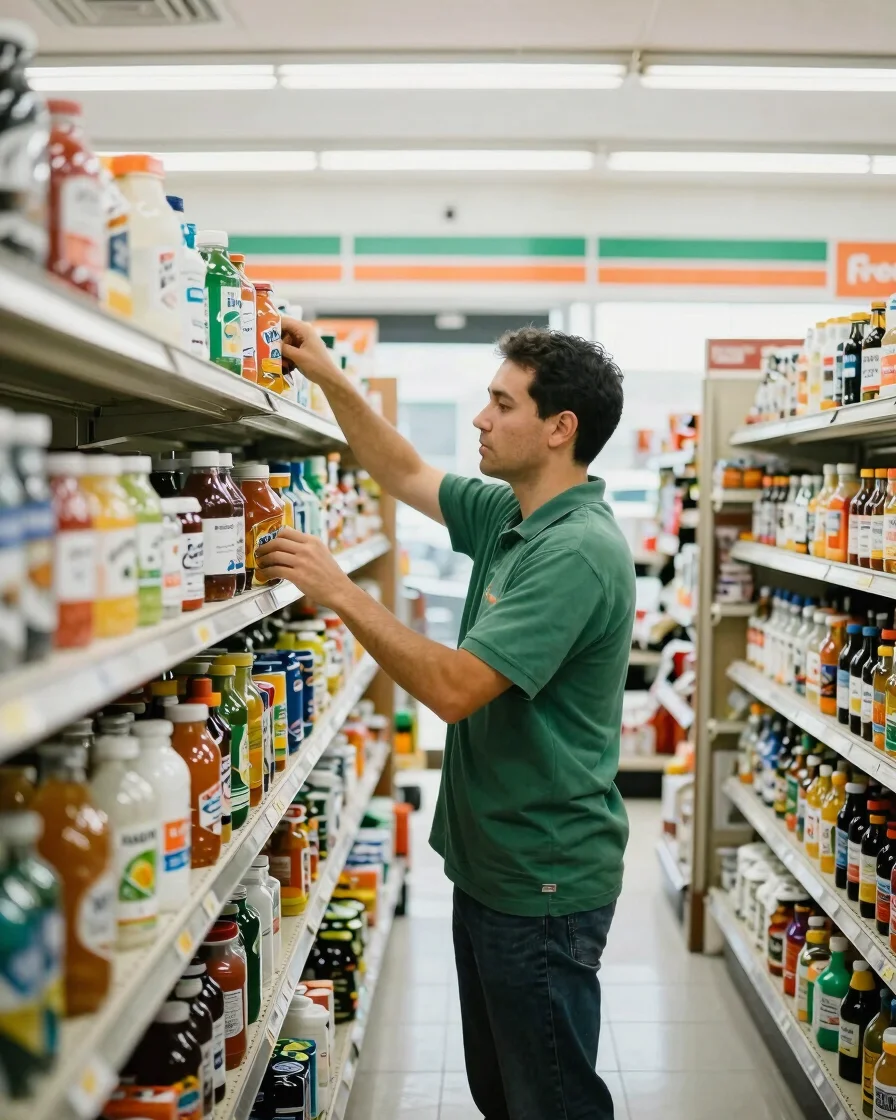 Friendly local convenience store owner stocking shelves in a brig