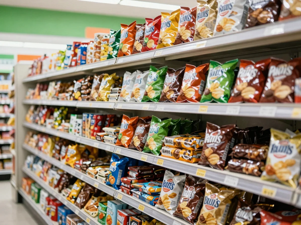Realistic convenience store snack and confectionery aisle, bright