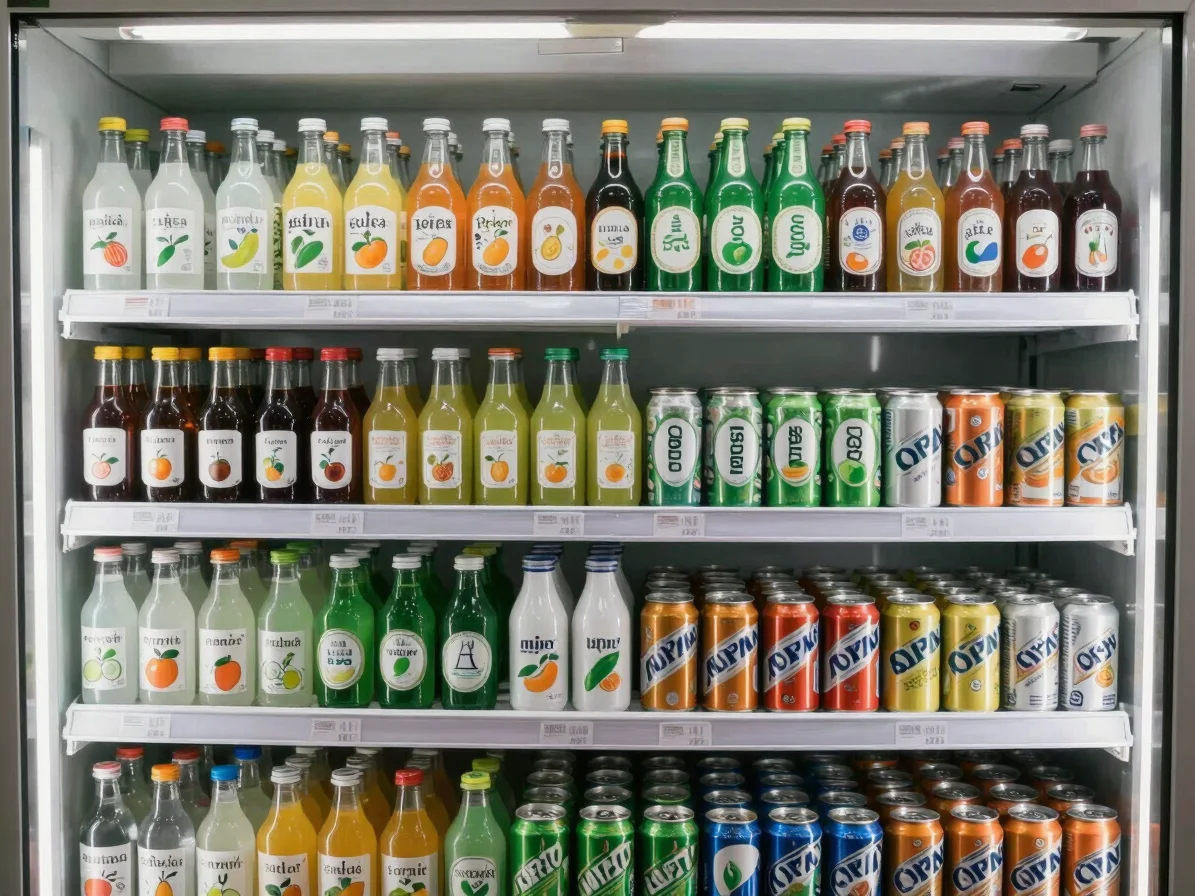 Realistic chilled drinks and beverages section of a convenience s