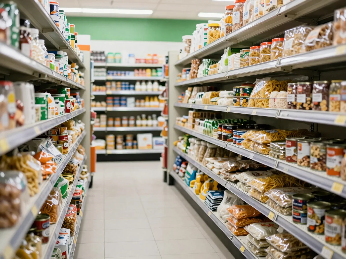 Realistic grocery staples aisle in a convenience store, pantry it