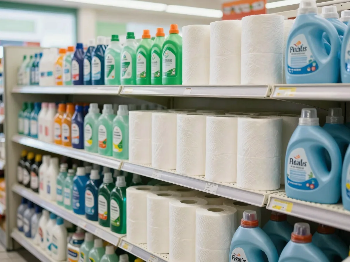 Realistic household essentials display in a convenience store, cl